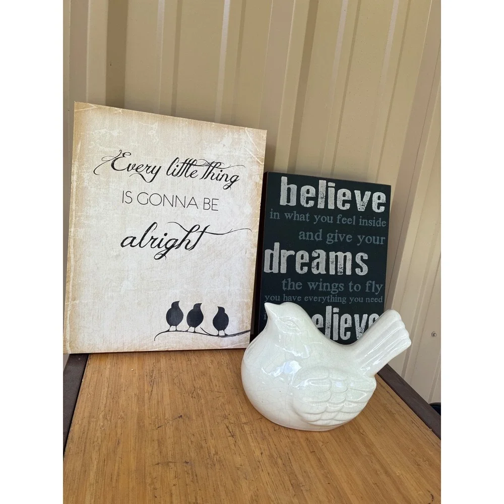 Pier 1 Ceramic Bird & Inspirational Wall Art Bundle Farmhouse Decor 3pc Set